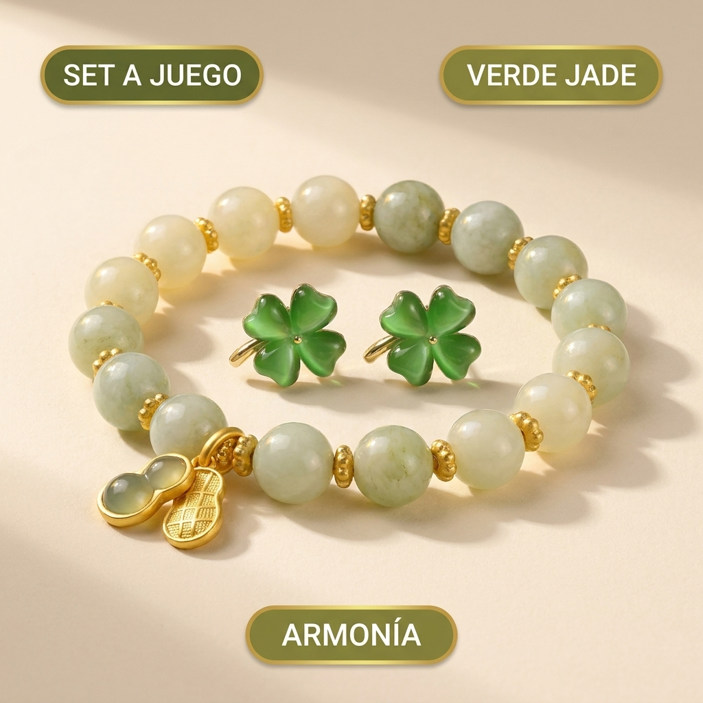 Combo de Jade Imperial | Brazalete con Dije Oro 18k + Aros de Trébol