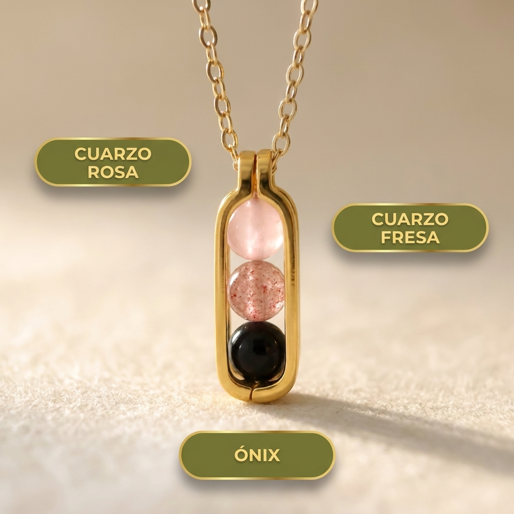 Collar De Amor Propio – Cuarzo Rosa, Fresa Y Ónix | Chapado en Oro 18k