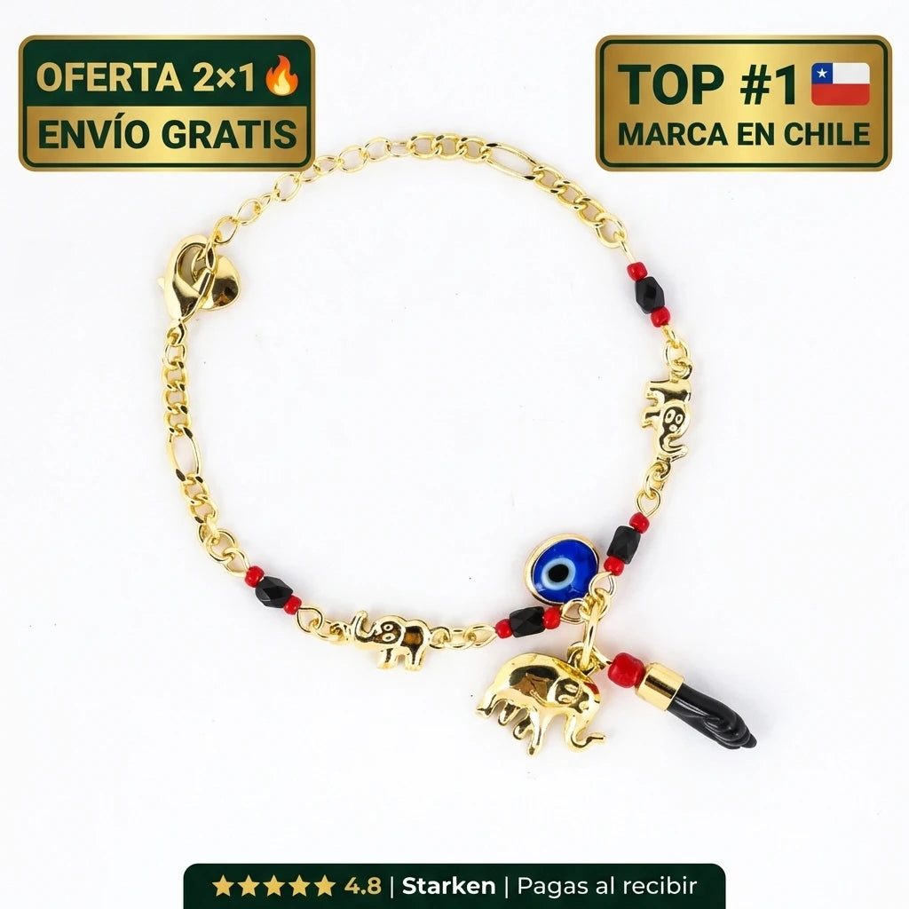 Pulsera Elefante y Ojo Turco Baño Oro 14k | Atrae Abundancia y Protege tu Energía