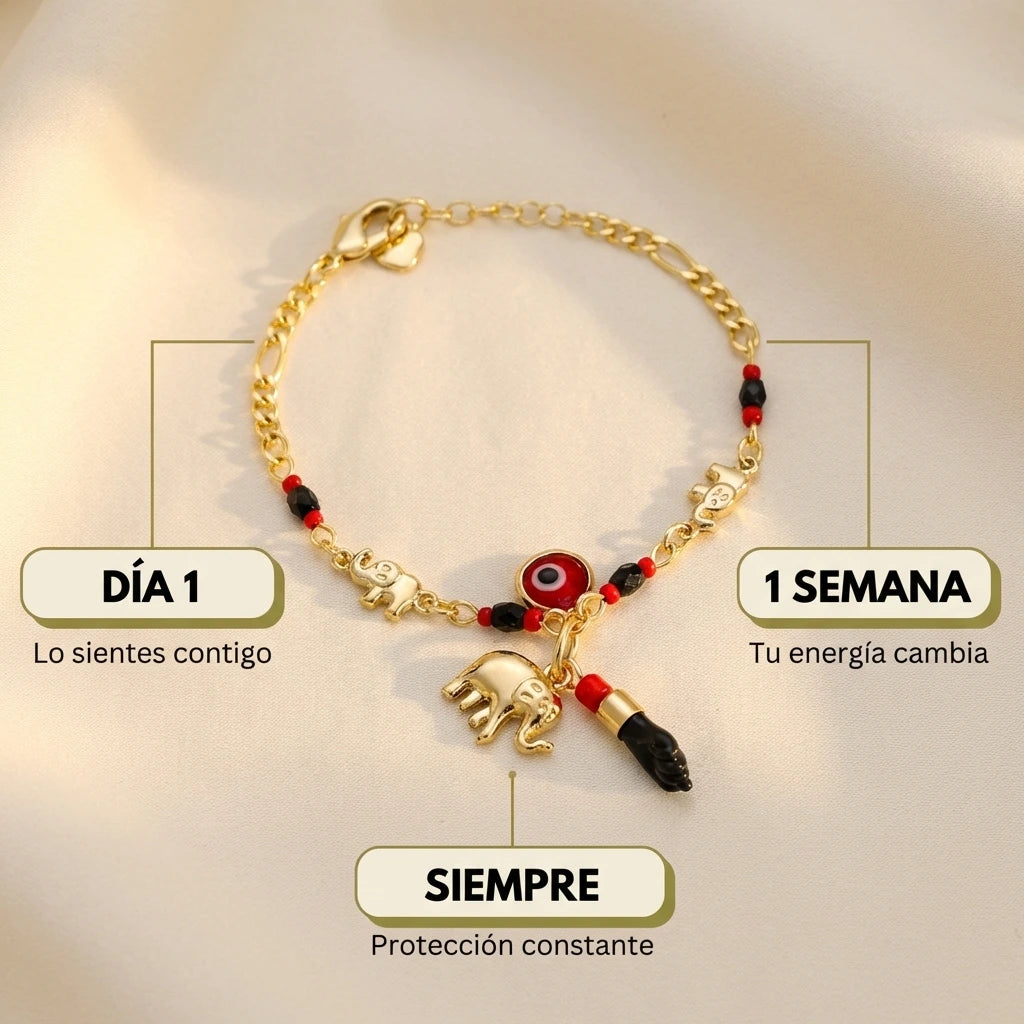 Pulsera Elefante y Ojo Turco Baño Oro 14k | Atrae Abundancia y Protege tu Energía