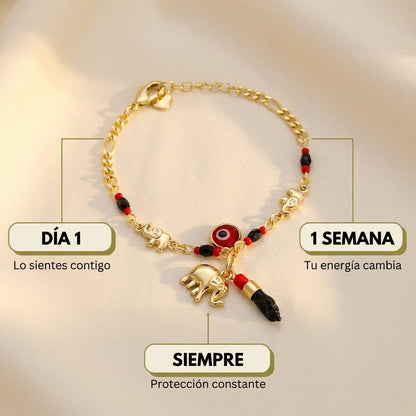 Pulsera Elefante y Ojo Turco Baño Oro 14k | Atrae Abundancia y Protege tu Energía
