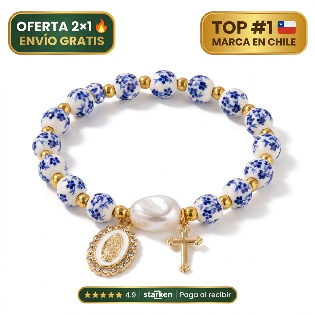 Pulsera de Cerámica de la Virgen Con Cruz Chapada en Oro 18k