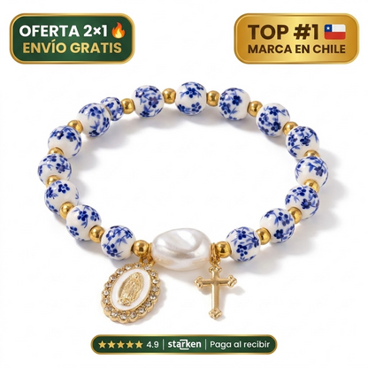 Pulsera de Cerámica de la Virgen Con Cruz Chapada en Oro 18k