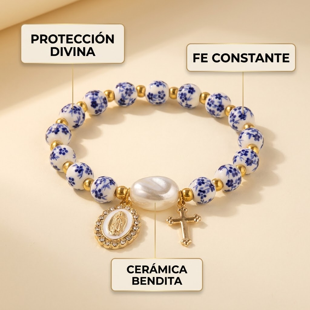 Pulsera de Cerámica de la Virgen Con Cruz Chapada en Oro 18k