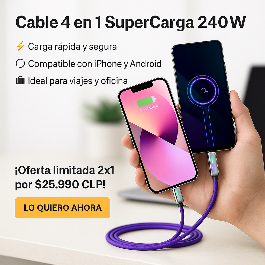 Cable de carga súper rápida de 240W, 4 en 1 Para Iphone y Android | OFERTA LIMITADA 2x1