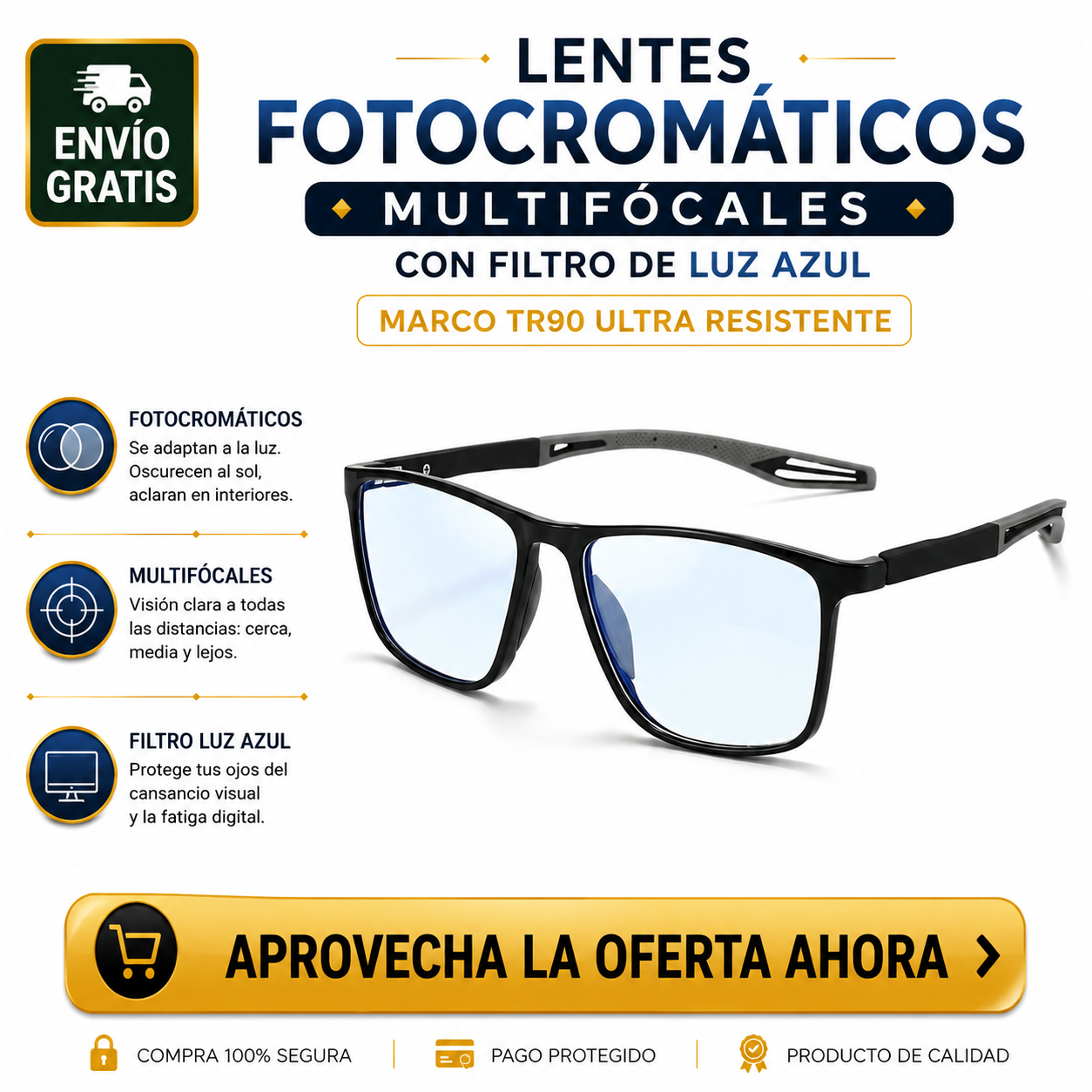 Lentes Multifocales Negros - Un Solo Marco para Leer, Sol y Pantalla UPSELL