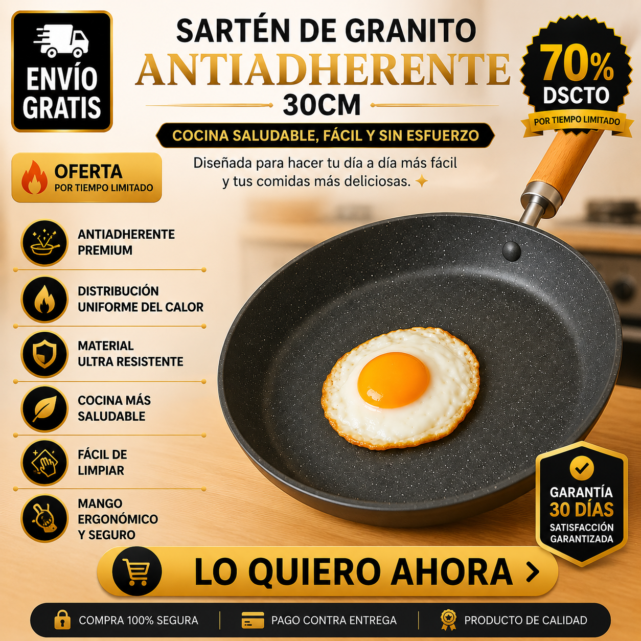 Sartén de Granito Antiadherente 30 CM con Mango de Madera UPSELL