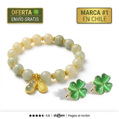 Combo de Jade Imperial | Brazalete con Dije Oro 18k + Aros de Trébol